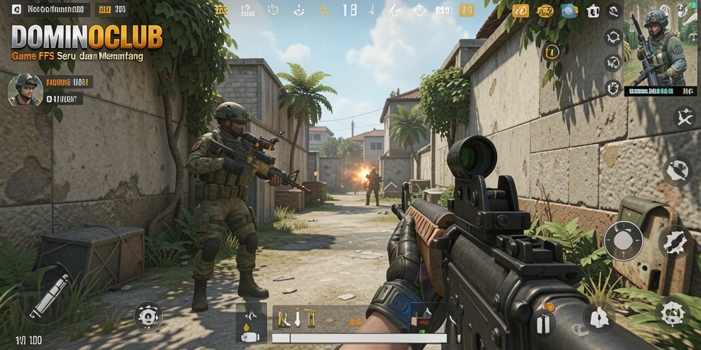 Gambaran gameplay menegangkan dari DOMINOCLUB dengan pertempuran FPS.