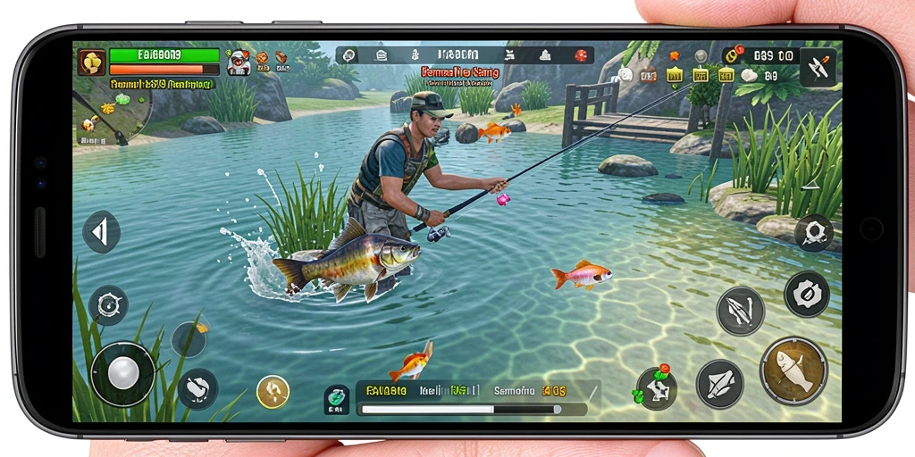 Tampilan gameplay <strong>FA99</strong> dengan aksi memancing seru di berbagai lokasi.