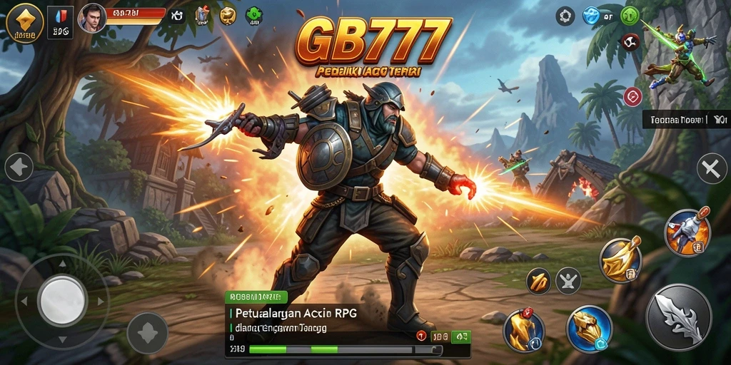 Screenshot menunjukkan pertarungan mendebarkan dalam permainan ARPG GB777.