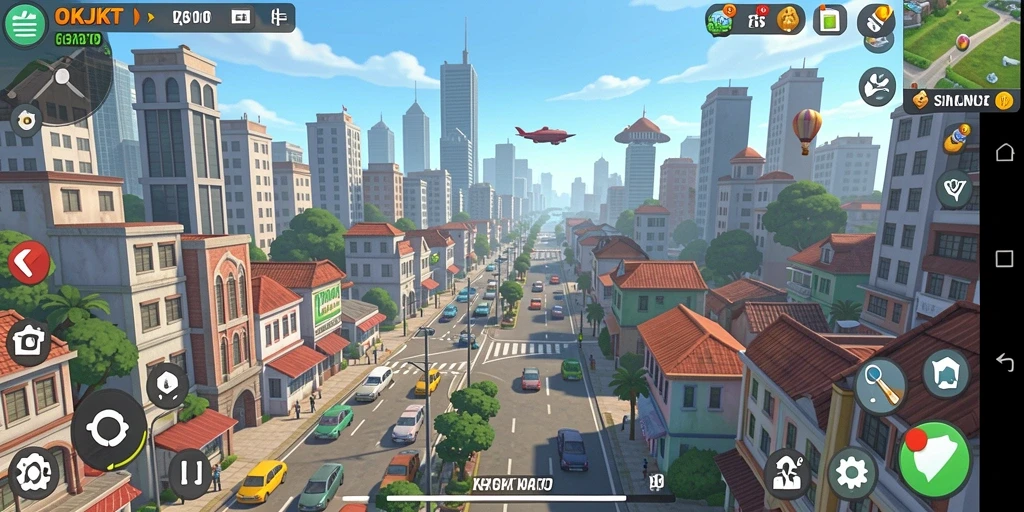 Tampilan gameplay menarik OKJKT dengan kota yang hidup dan interaktif.